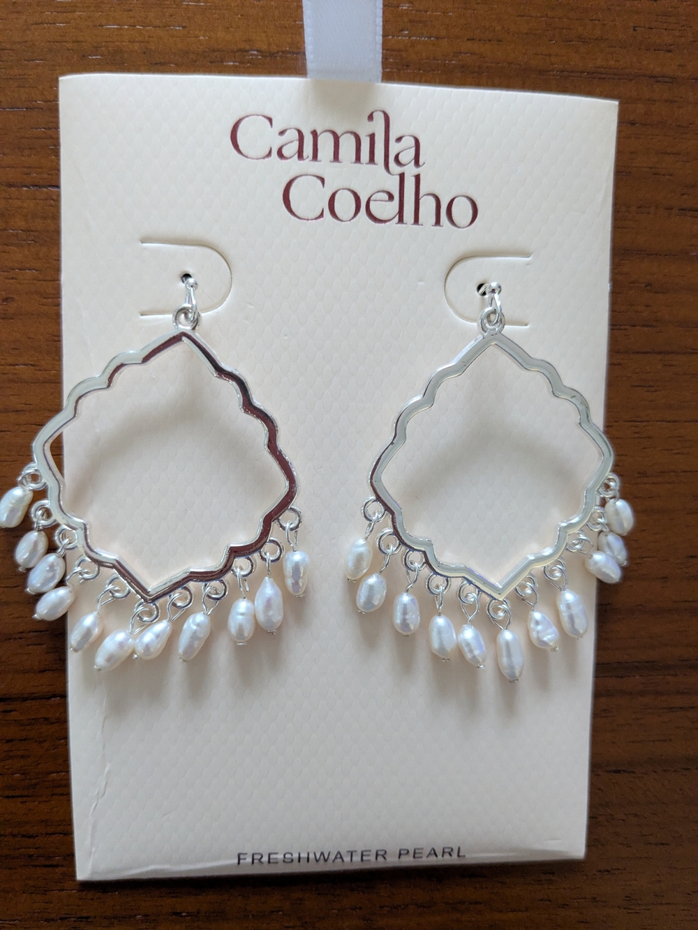 Camila Coelho Silver Pearl Fringe Quatrefoil Earrings NEW